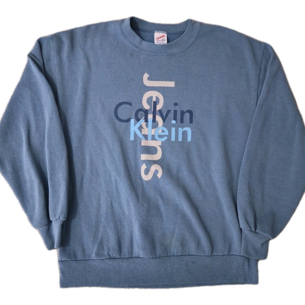 Vintage Calvin Klein Jeans Sweatshirt Mens L Blue Logo 90s Graphic Jerzees